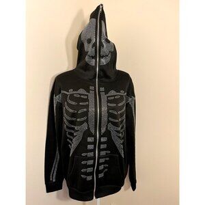 Black Skeleton Full-Zip Hoodie W/ Rhinestone Details & Skeleton Hood Sz Adult M